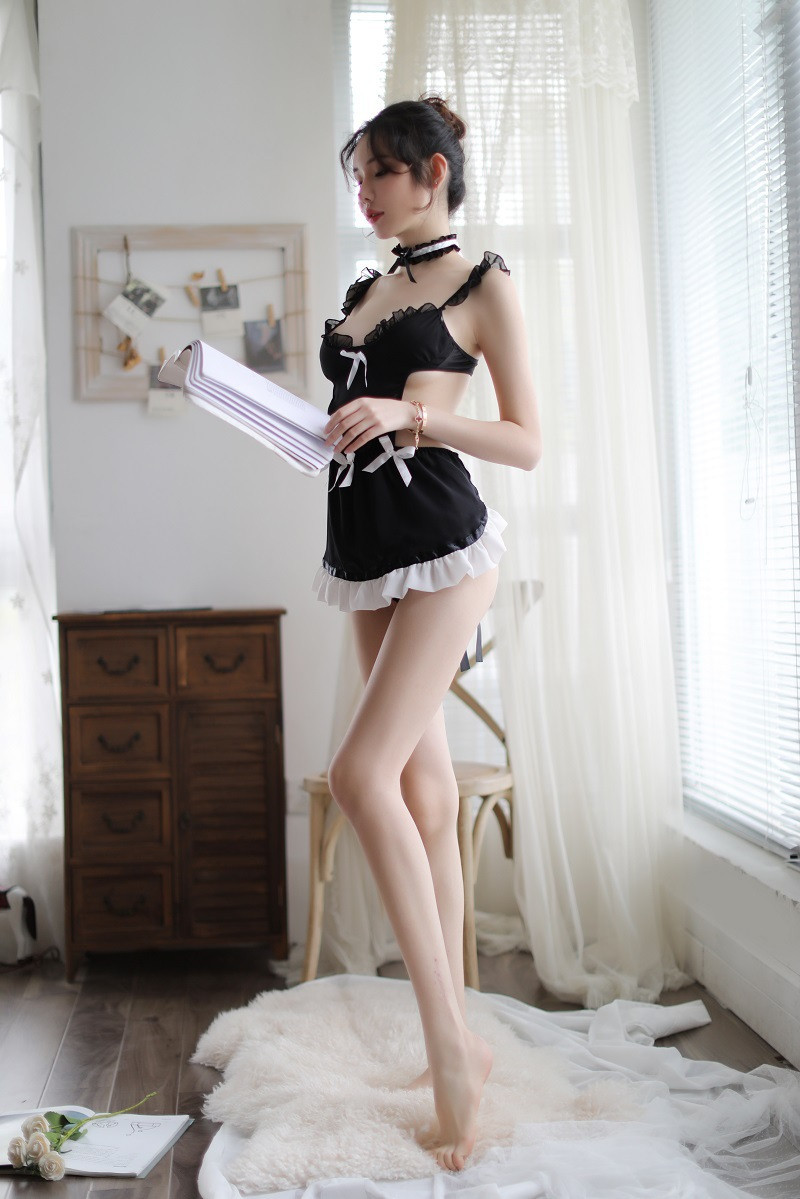 Women's Deep V Naked Back Strap Maid Nurse Uniform Sexy Home Suit Set Nightwear