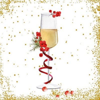 20 Servietten Golden baubles Champagnerglas Jubiäum Hochzeit Konfetti 33x33cm