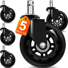 Office Chair Wheels for Casters Replacement - 3" Rubber Black 