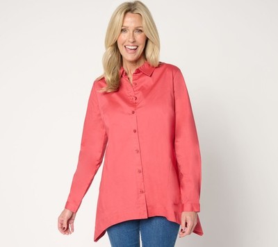Denim & Co. Women's Top Sz L Button Front Poplin Tunic Pockets Red A677840