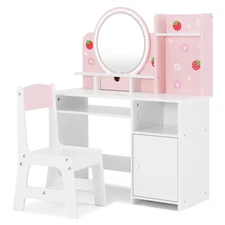 Pink Girl Vanity Desk Chair Set Kids Makeup Dressing Table w/LED Lights,Mirror