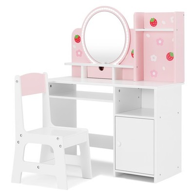 Pink Girl Vanity Desk Chair Set Kids Makeup Dressing Table w/LED Lights,Mirror