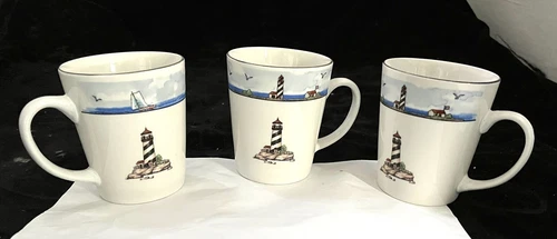 Lot of THREE 3.75" tall MUGS - Today's Home - COASTAL LIGHTHOUSE - MINT!