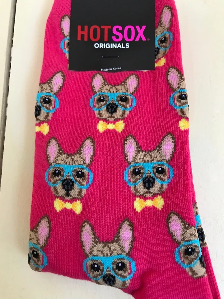 Smart Frenchie 小狗袜 粉色 Crew 新奇女式 尺寸 4-10 Hot Sox 罕见 — 第 3/4 张图片