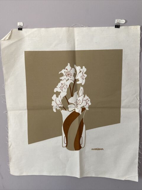 Vintage 1970s Linen Textile Fabric Lilies Art Screen Print Marushka 19”x 22”
