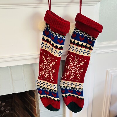 Chenille Sweater Knit Christmas Stockings Pompom Retro Red Green Snowflake 20 