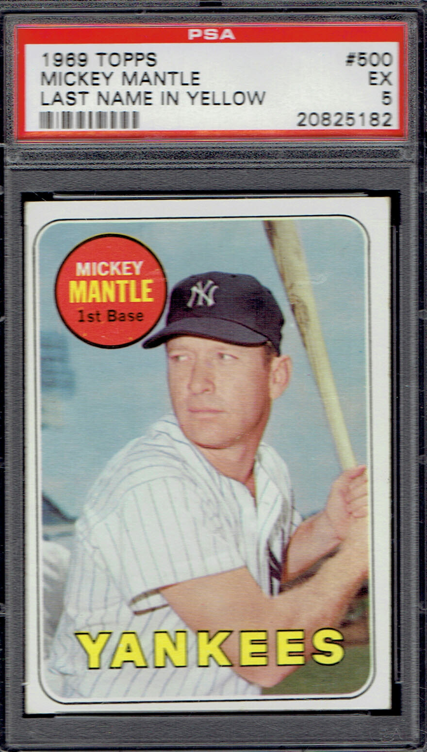 1969 Topps 500 Mickey Mantle ( LAST NAME IN YELLOW ) HOF. PSA 5 EX. (TX5182).