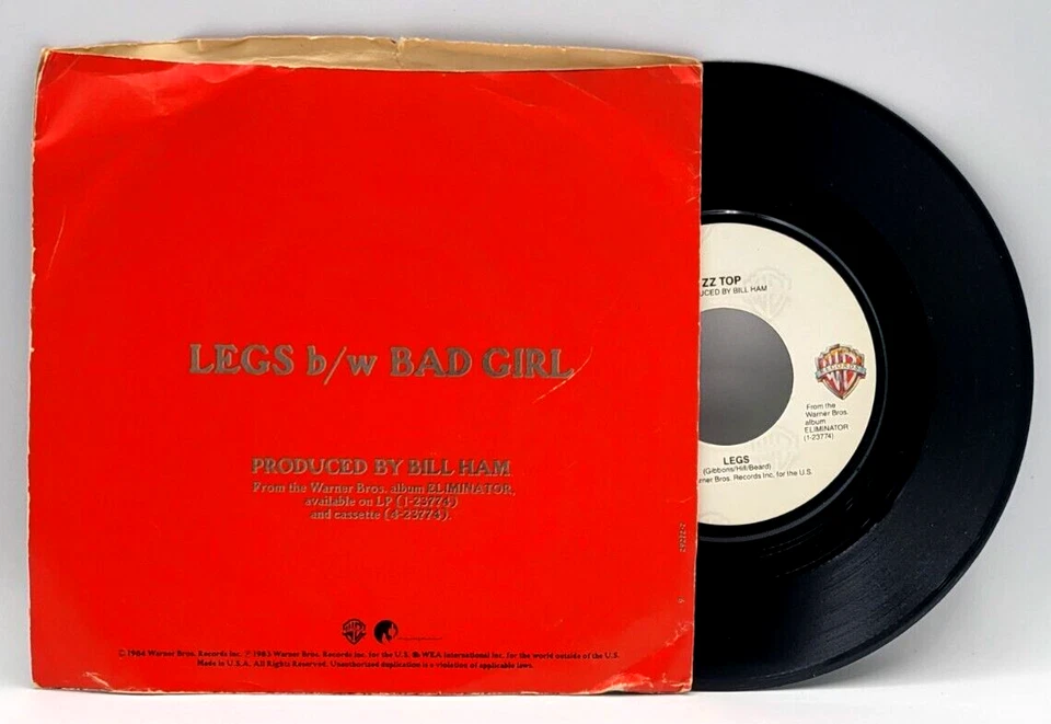 ZZ TOP - LEGS  / BAD GIRL - POP ROCK PICTURE SLEEVE & 45 WARNER - Image 2 of 2