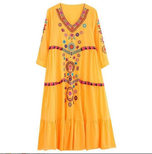 Women Vintage Ethnic Mexican Embroidered Cotton Linen Long Boho Loose Dress Hot - Picture 7 of 15