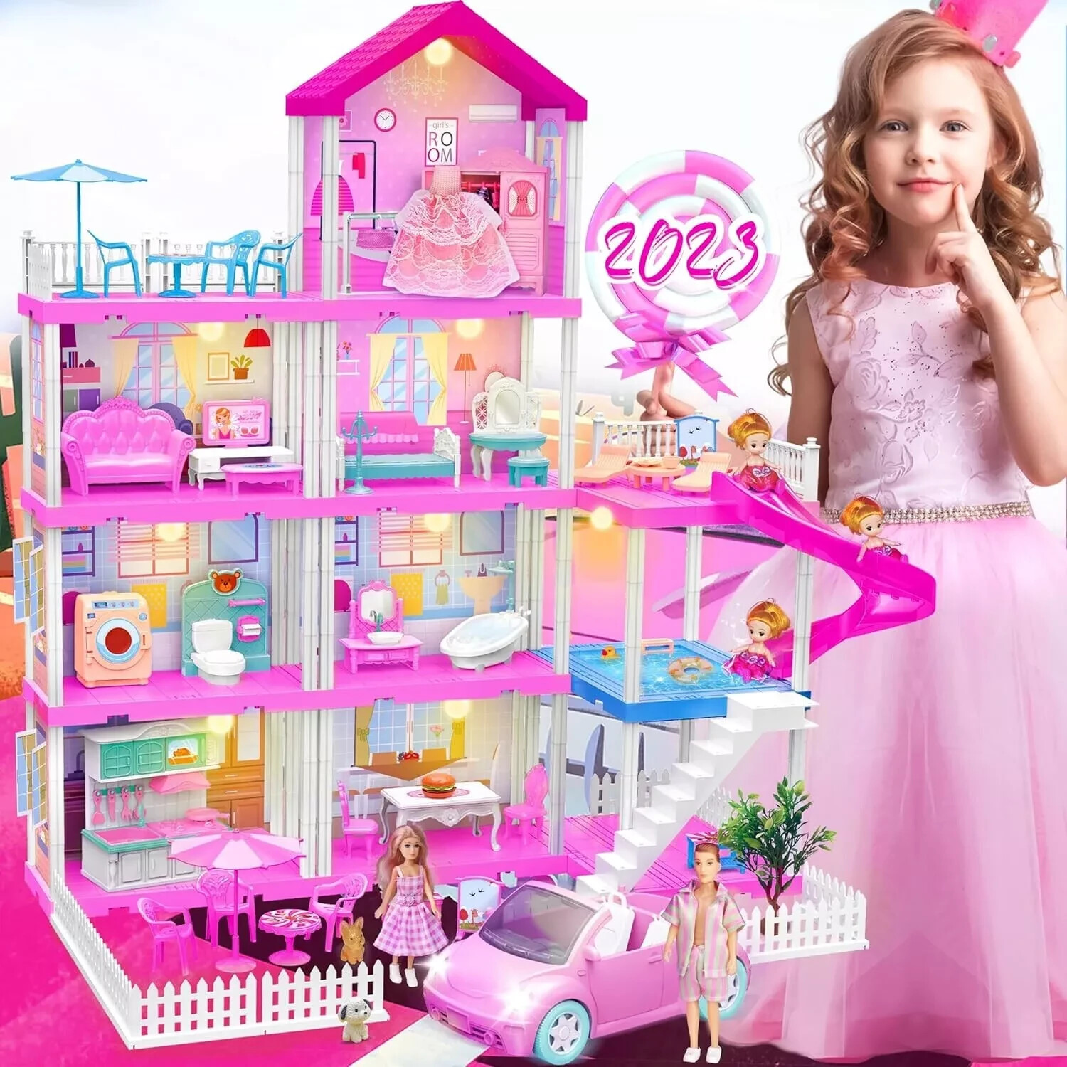 Doll House Full House Petbank For Girls, 4-Story 11 Rooms Princess