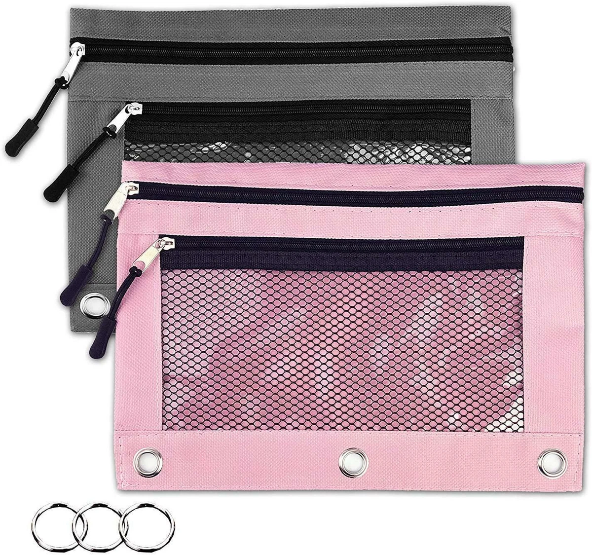 Binder Pencil Pouches 2 Pack 3 Ring Pencil Pouch with Zipper