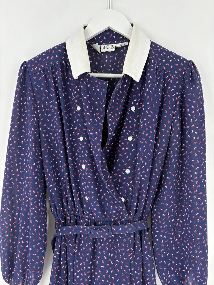 B.G.B. Vestido Vintage Mujer 6 Azul Maxi Doble Pecho Cuello Cinturón Manchado Foto 2 de 4