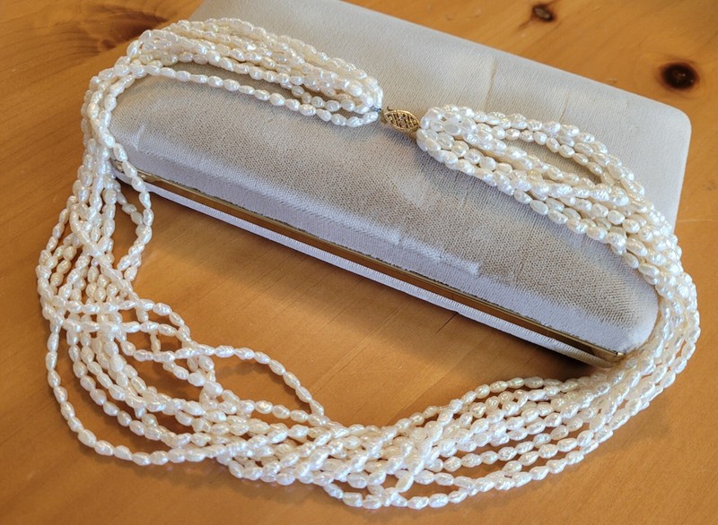 14K YELLOW GOLD IMPERIAL 10-STRAND WHITE RICE FRESHWATER PEARL NECKLACE -18.5"
