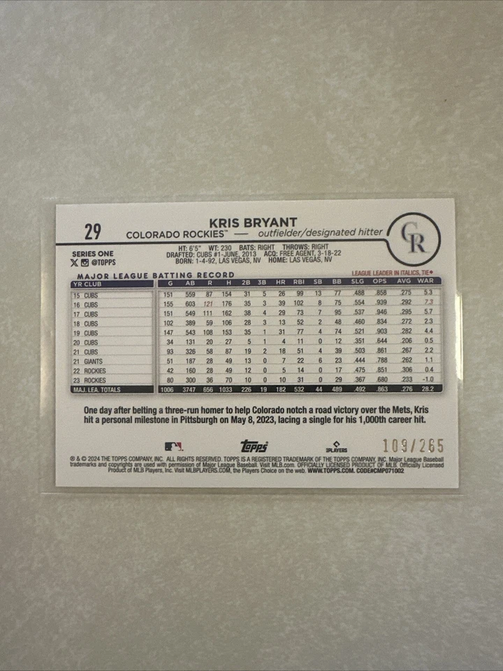 2024 Topps #29 KRIS BRYANT FOILBOARD SP 109/265 Colorado Rockies - Image 2 of 2