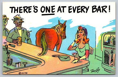 Postcard Humor Bar Scene Woman and Horses Ass Complaint A54