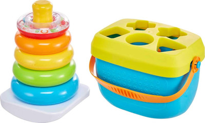 Baby S First Blocks & Rock-A-Stack Toy Set, Bucket of 10 Shapes & Ring Stacking 