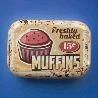Vintage Look Freshly Baked Muffins Small Metal Tin Pill Box Holds 36 Tablets 