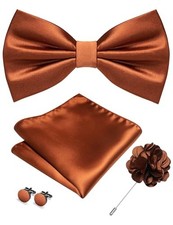Solid Color Bow Tie and Pocket Square with Lapel Pin Cufflinks Set 4PCS Rust