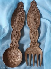 antikes rustikales Messing-Wandbesteck XXL - Löffel + Gabel mit Relief - Sammler