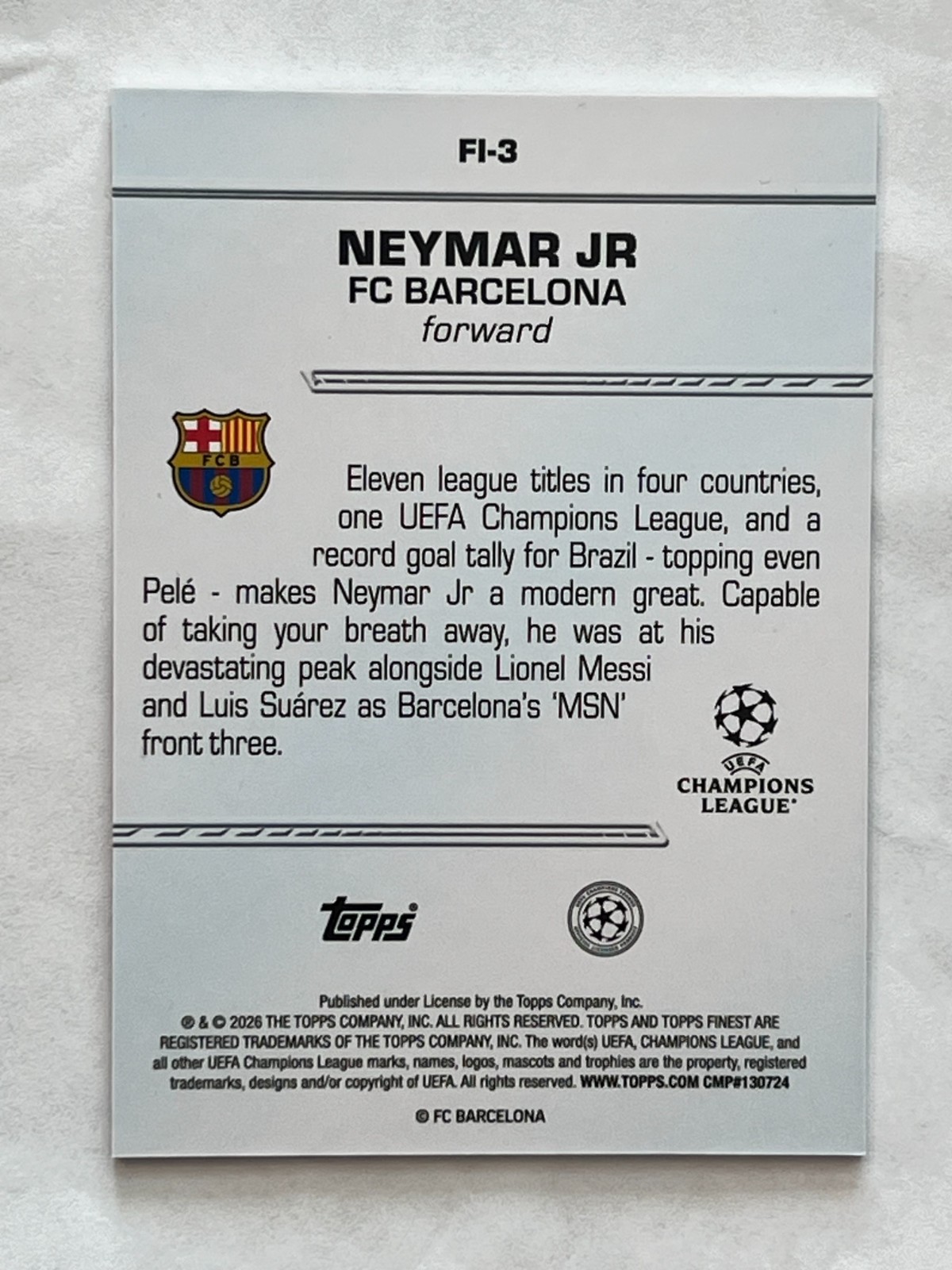 Topps Finest Season 2025-26 UEFA Neymar Jr Copper #FI-3 SSP view 2