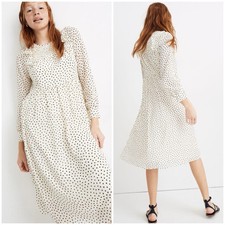 Madewell Smocked Ruffle Long Sleeve Midi Dress Polka Dot Size Medium Ivory