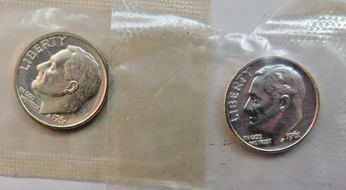 1961 x 2 Proof Roosevelt Dime 90% Silver United States Coins in Cello Lot of 2