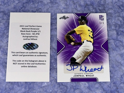 JONPAUL ''JP'' WHEAT 2021 Leaf Perfect Game PURPLE BLANK BACK AUTOGRAPH #1/1 CUBS