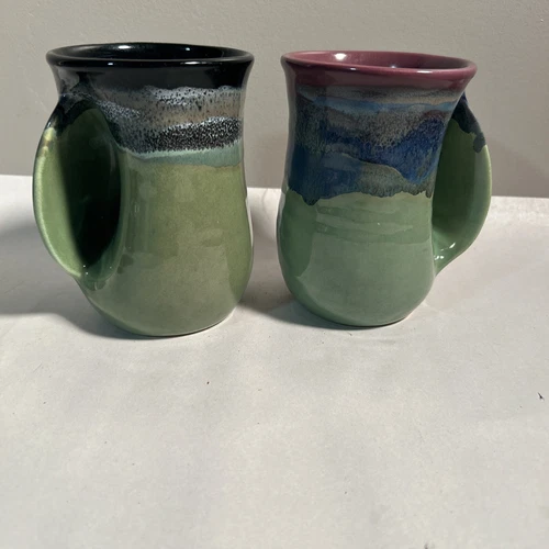 (2) Neher Pottery Clay in Motion Left and Right Handed Warming Coffee Tea Mug