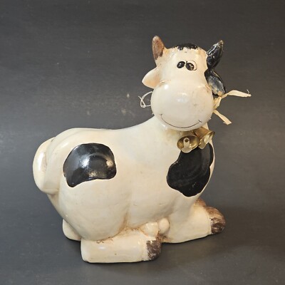 Vintage Ceramic Black & White Milk Cow Wearing Bell Lying Down Figurine 6''x5''