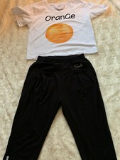 Girls Orange White T-shirt 130/64 Black Smile Pants 120/53