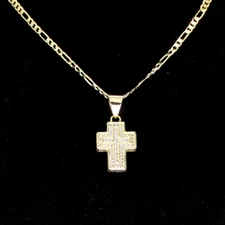 Small Cross iced Cz Pendant 18k Gold Plated 20" Figaro Chain Men's Necklace