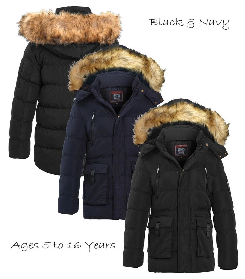 SHOWSTOPPERS Jungen wattierter Parka Mantel Alter 5 7 8 9 10 11 12 13 16 Jahre Jacke Kunstfell schwarz