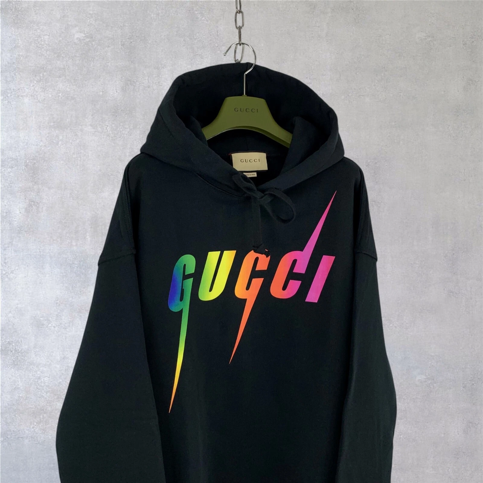 Felpa con cappuccio Gucci GG Blade arcobaleno stampa logo feltro cotone nera taglia M