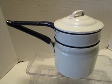 Vintage Enamelware Double Boiler White & Cobalt Blue trim Handles 3 Pc. 1930-40s