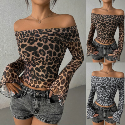 Damen Bardots Leopard Print Langarm Bluse Crop Tops Sommer Mesh TEE Shirts