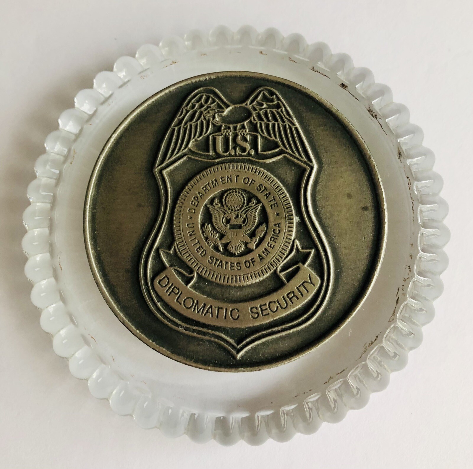 United States Diplomatic Security Service Pewter Medallion Crystal Paperweight
