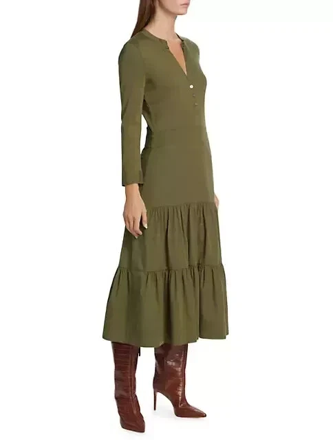 Vestido midi de algodón delantero con botones en capas de laurel oliva VERONICA BEARD M 8/10 Foto 3 de 4