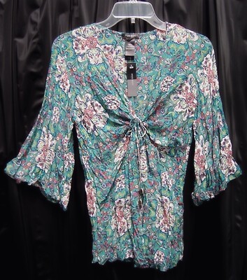 S SMALL  BOHO PEASANT BABYDOLL TIE-FRONT KEYHOLE CRINKLE CHIFFON BISOU BISOU TOP