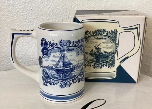 Blue Delft Hand Painted Heineken Holland Dutch Beer Stein Mug With Box