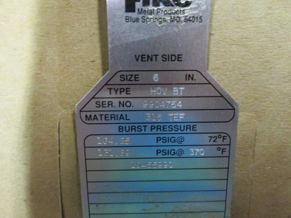 Disque De Rupture Fike 6" HOV BT - Pression D'éclatement 26,15 PSIG @72°F, Neuf