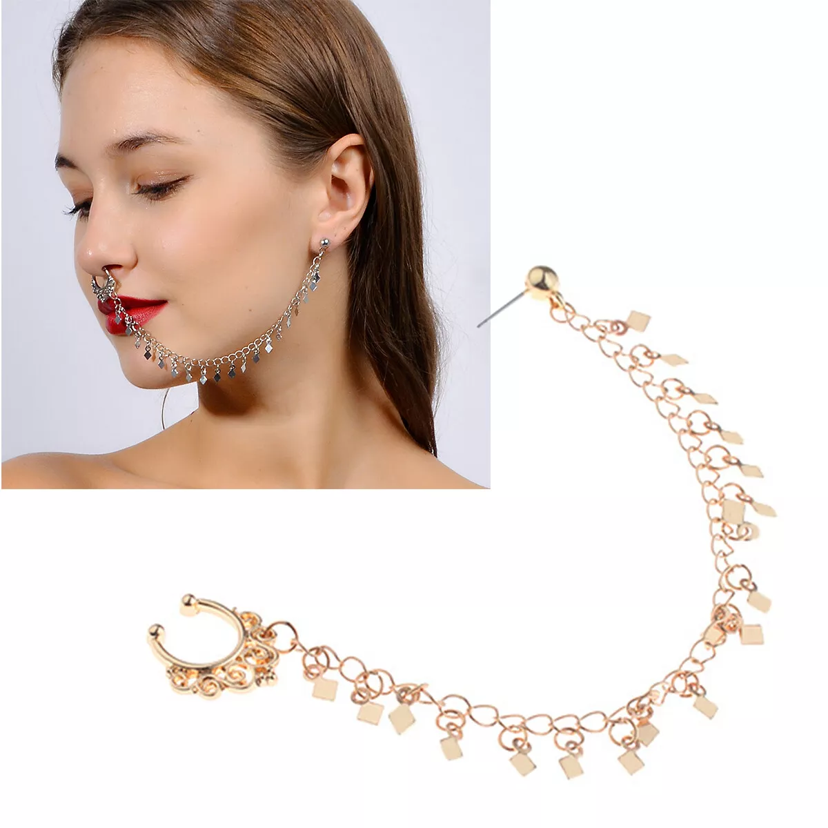 Gold nose ring with chain outlet