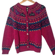 Vintage Woolrich Wool Mohair Cardigan Sweater Size Medium Fair Isle Berry Pink