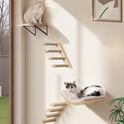 Peluomoz Cat Wall Stairs And Wall Shelves 4 Piece Wood Cats Furniture Set