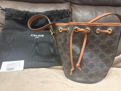 CELINE Small Drawstring Bucket Bag Triomphe Canvas Brown Tan Leather Crossbody