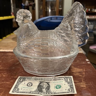 Lrg. Indiana Clear Glass Hen On Basket, 8 tall, 8  Lng. E36