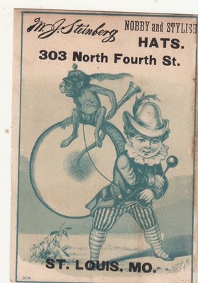 M J Steinberg Nobby & Stylist Hats St Louis MO Monkey Drum Vict Card c1880s