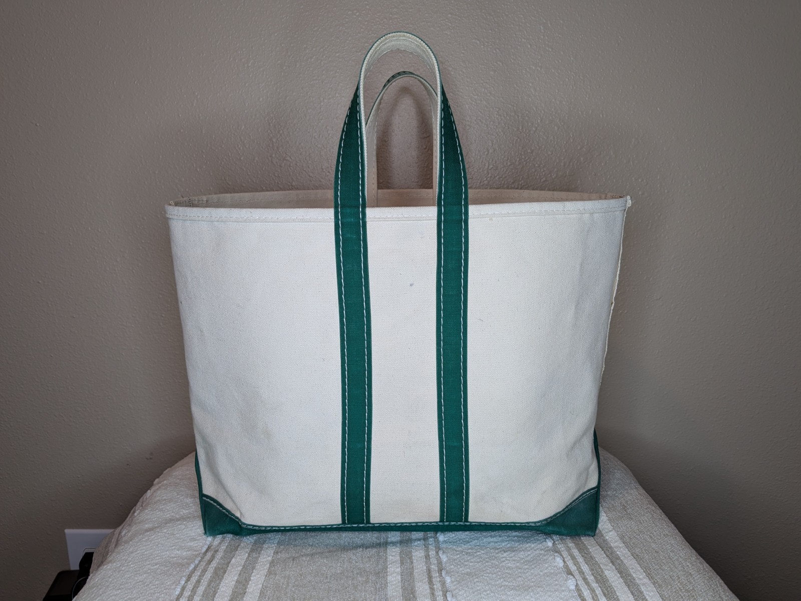 Vtg LL Bean Boat and Tote Canvas Bag Green Cream Zig Zag Tag 80s Large Rare