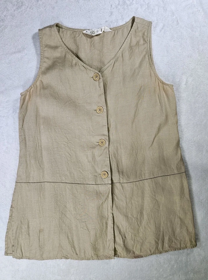 Top Max Studio Leon Max sin mangas 100 % lino beige con aberturas laterales abotonadas talla M Foto 3 de 4