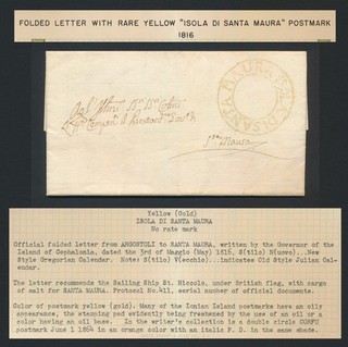 1816 CEFALONIA TO SANTA MAURA IONIAN ISLANDS COVER ENTIRE RARE YELLOW PMK