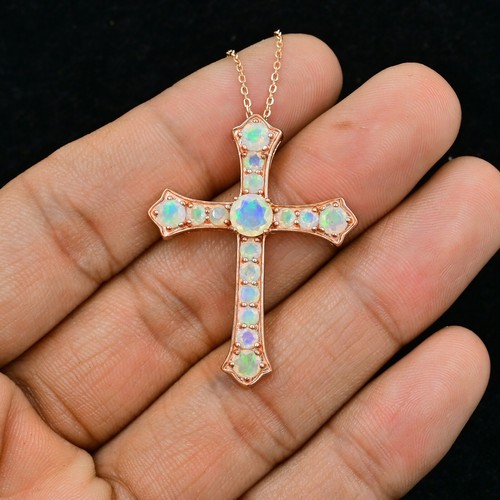 Natural Fire Opal Cut Holy Cross Pendant 925 Sterling Silver October Birthstone - Picture 2 of 4